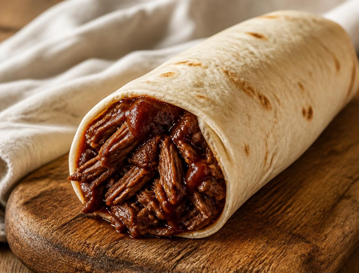 Burrito de res con salsa BBQ sobre tabla de madera.
