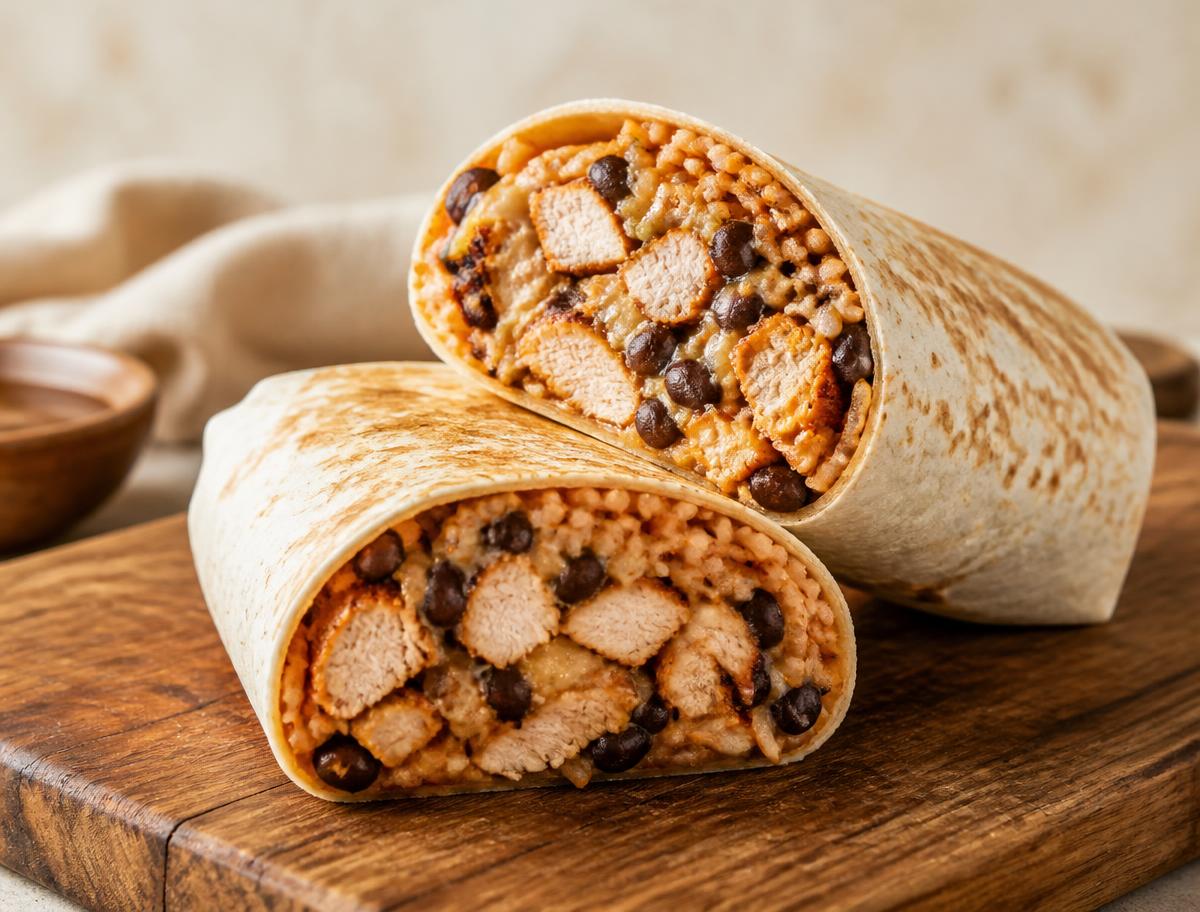 Burrito de pollo partido a la mitad sobre tabla de madera.
